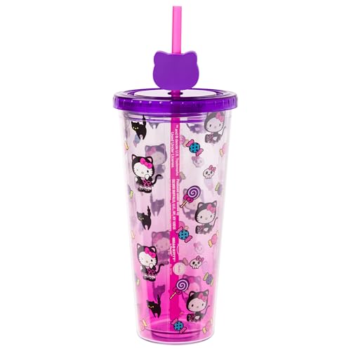 Silver Buffalo Sanrio Hello Kitty Halloween Costume Black Cat and Candy Plastic Cold Cup with Lid and Straw Topper, 24 Ounces