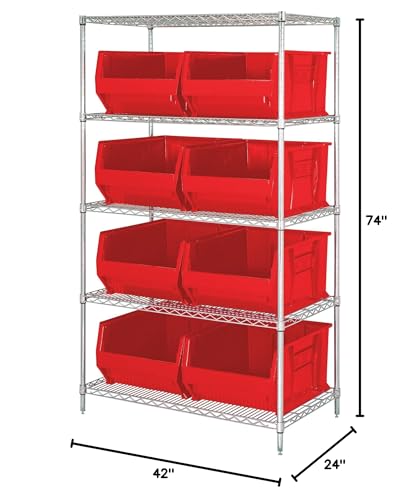 Bin Wire Shelving System, 42W X 24D X 74H Overall Size, 800 Lb. Capacity Per Shelf, Includes: (5) Wire Shelves, (4) Posts, And (