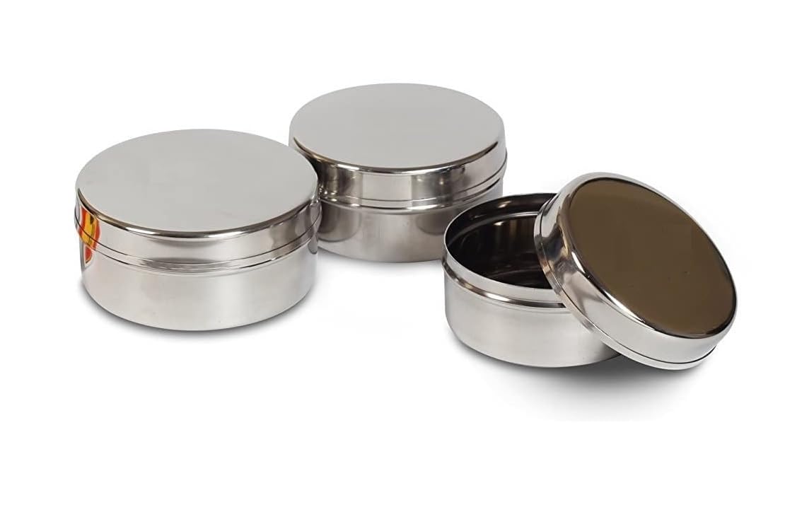 Dynore Stainless Steel Multisize Small Dabbi Set For Kitchen  Set Of 3 Pieces (Silver)