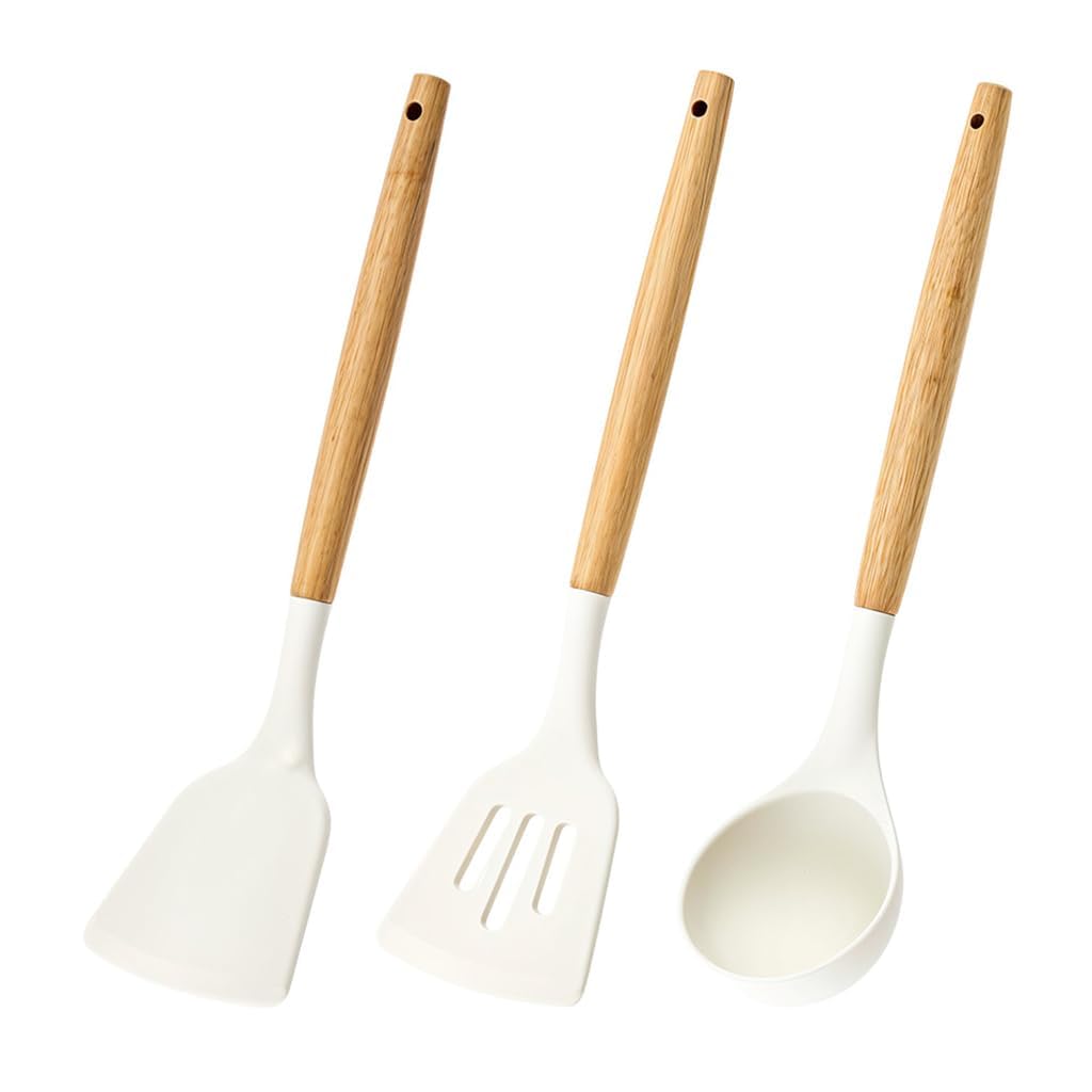 3Piece Silicone Cooking Utensil Set With Wooden Handles | HeatResistant Spatula, Slotted Turner & Soup Spoon, BpaFree & NonS