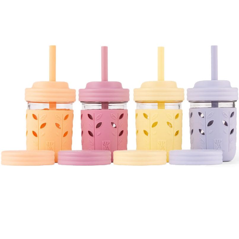 Elk and Friends Kids + Toddler Glass Cups | The Original 8oz Glass Mason Jar with Sleeves + Lids | Silicone Straws + Stopper | S