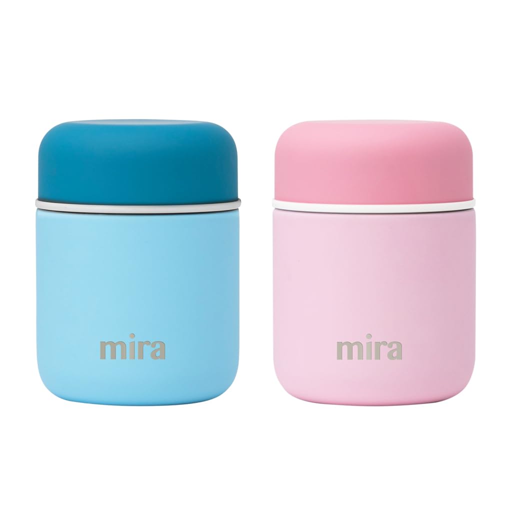 Mira 2 Pack Insulated Food Jar Thermo For Hot Food & Soup, Compact Stainless Steel Vacuum Lunch Container - 9 Oz, Sky, Pink