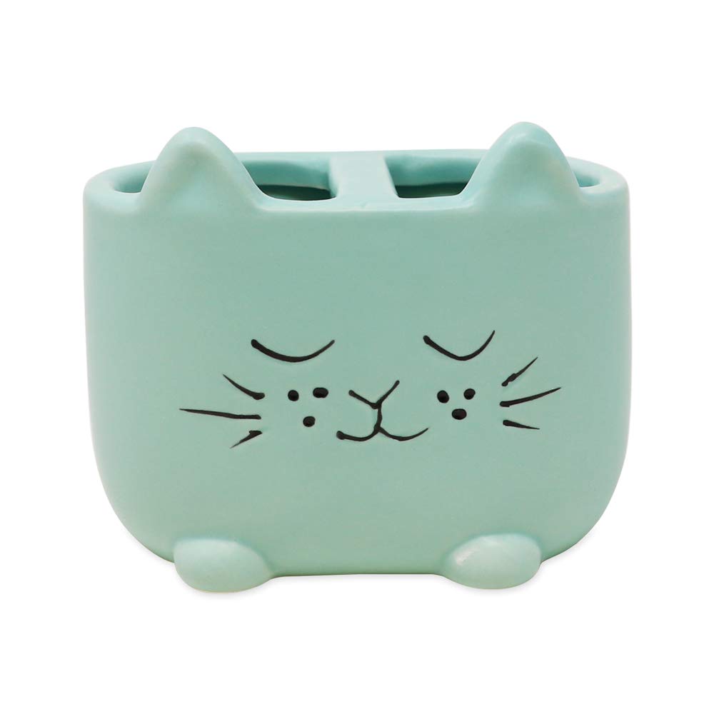 Isaac Jacobs Blue Ceramic Cat Makeup Brush Holder  Multi-Purpose 2-Section Organizer. Bathroom  Kitchen  Bedroom  Office D?or (2-Section Cup  Pastel Blue)