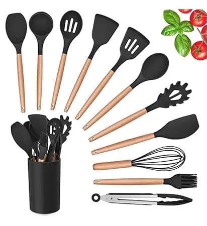Parabrahma Silicone Wooden Spatula Set With Stand HeatResistant Cooking Utensils, NonStick Kitchen Tools For Baking, Stirring,