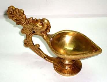 Aesthetic Decors Brass Table Diya with Peacock Design Handle (Multicolour)