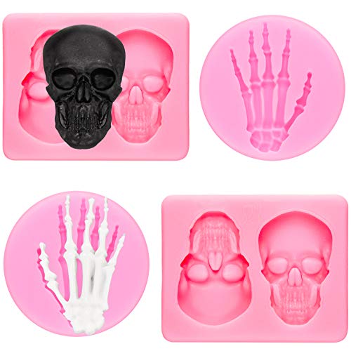 Patelai 4 Pieces Thanksgiving and Halloween Silicone Molds Pumpkin Maple Leaf and Skeleton Hands Skull Fondant Mold Holiday Choc