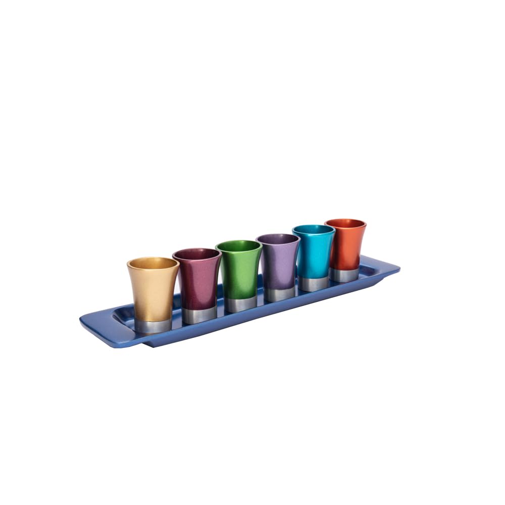 Yair Emanual Set Of 6 Small Kiddush Goblets Cups With Tray Aluminum Multicolor Judaica (Gs-6A)