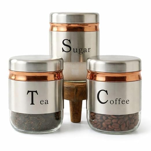 Zawza Tea Coffee Sugar Storage Jars Set With Lids, Kitchen Canister Containers (Silver)