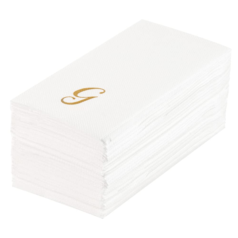 Luxenap 15.8 X 7.9 Inch Linen-Feel Guest Towels, 50 Lettered Hand Towels - Gold Letter 'G', Cursive Font, White Paper Dinner Nap