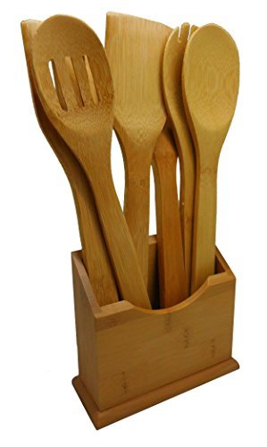 Bamboo Kitchen Tools Set Of 6 W/Free Bamboo Erected Holder. 12'' H