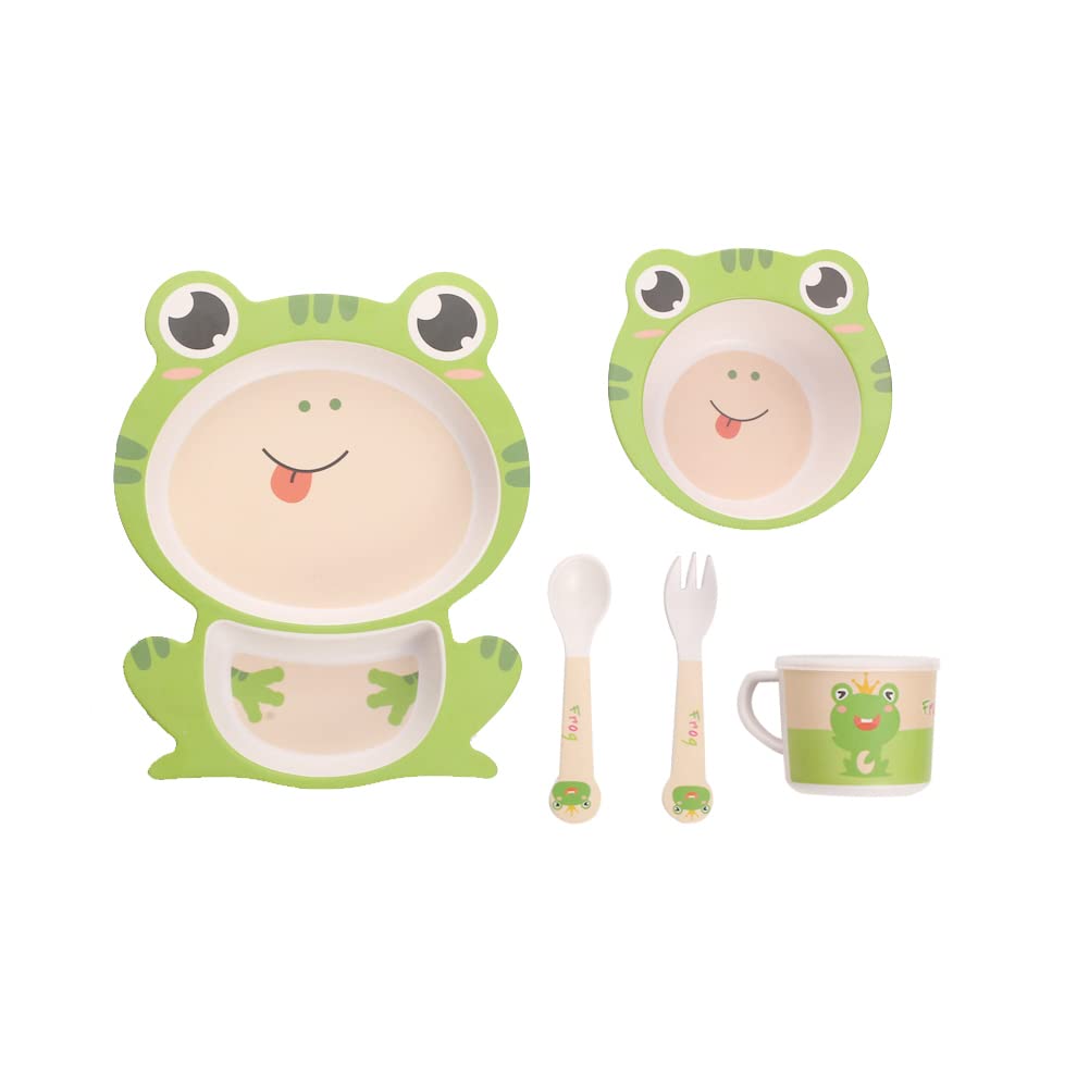 Fekdod Kids Dinnerware Set Bamboo 5 Pcs with Plate Bowl Cup Fork Spoon (Frog)