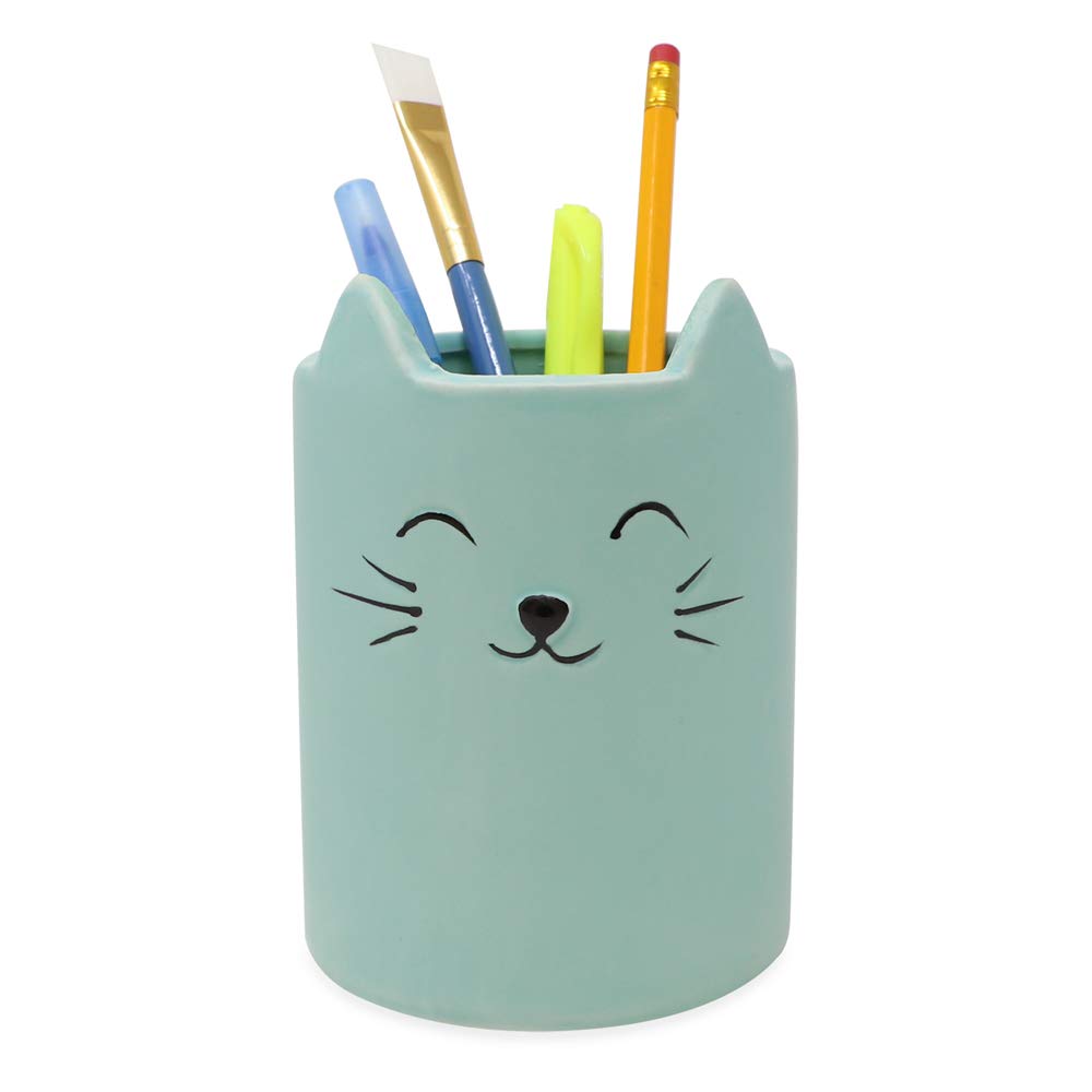 Isaac Jacobs Blue Ceramic Cat Makeup Brush Holder, Multi-Purpose Cup Organizer. Bathroom, Kitchen, Bedroom, Office D  Cor (Singl