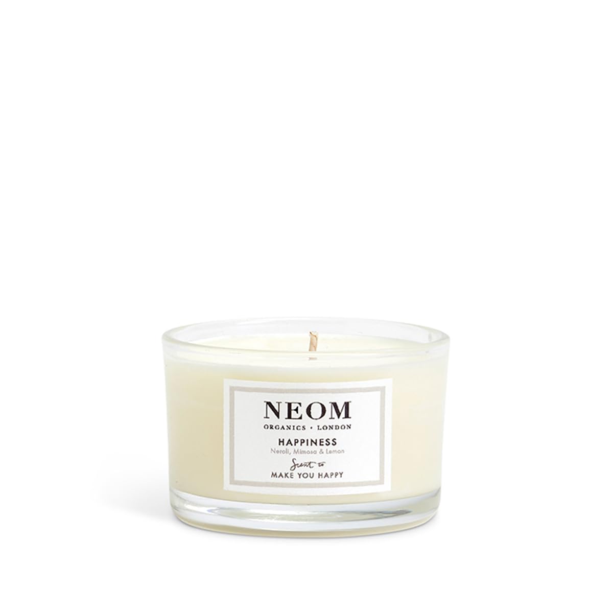 NEOM- Happiness Scented Candle, Travel Size | Essential Oil Aromatherapy Candle | Neroli, Mimosa & Lemon | Scent to Make You Hap