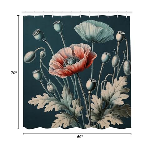 Ambesonne Vintage Shower Curtain, Jungle Greenery Leaves Detail Blooming Poppy Flowers With Nostalgia Tones, Cloth Fabric Bathro