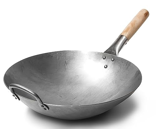 Craft Wok Traditional Hand Hammered Carbon Steel Pow Wok With Wooden And Steel Helper Handle (14 Inch, Round Bottom)  731W88
