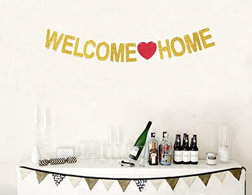GZFY Gold Glitter Welcome Home Banner - 1 Count for Family Party, Wedding, Graduation, Baby Shower Decorations