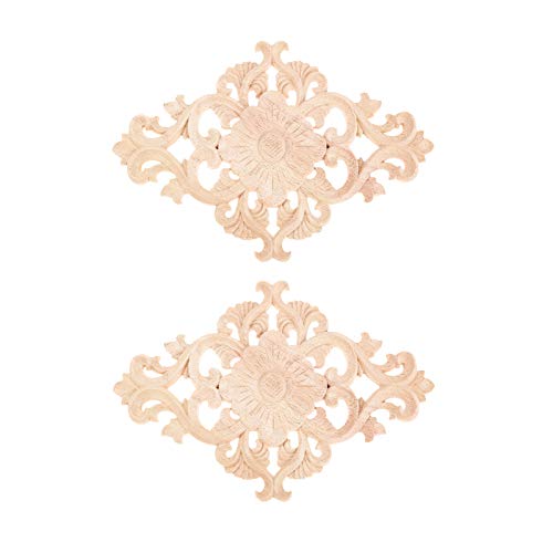 Wood Carved Appliques, 2Pcs Wooden Decorative Onlays, Muxsam Unpainted Furniture Center Decals For Cabinet Dresser Bed Door Wall