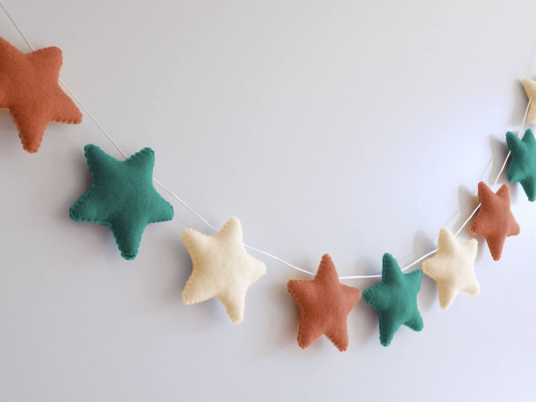 Peach Cuddle Velvet Fabric Star Bunting For Kids Room (Pack Of 1, 12 Stars, Brown Green Off White) Nursery Decoration, Christmas