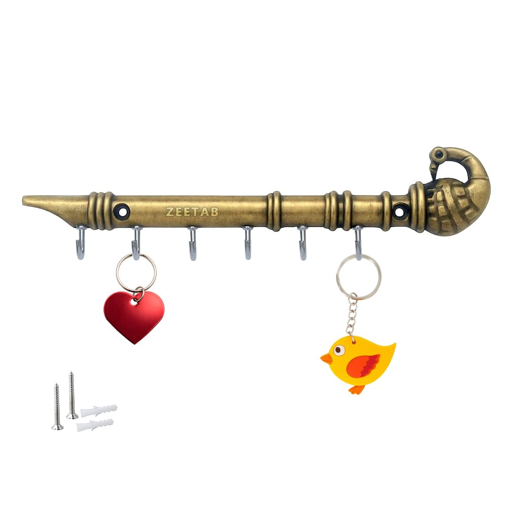 Zeetab Metal Mayur Flute Key Holder, Antique Peacock Key Stand & Wall Mount Hanger with 6 Hooks, Home Decor Gift, 9 Inch