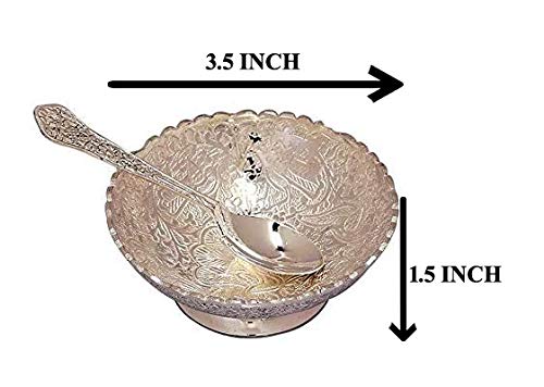 Rastogi Handicrafts Aluminium -Silver Plated Small Bowl Set With Spoon Size - 3.5 Inch Diameter Bowl, Capacity -100 Ml /3.38 Oz
