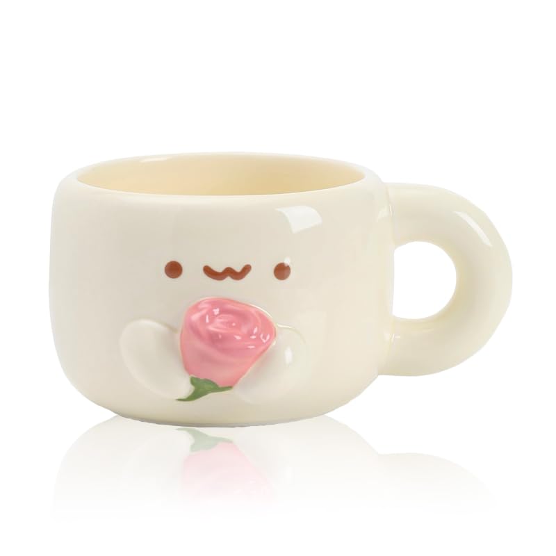 Tmtior Cute Ceramic Coffee Mug, 10 oz Handmade 3D Cartoon Tea CupRose