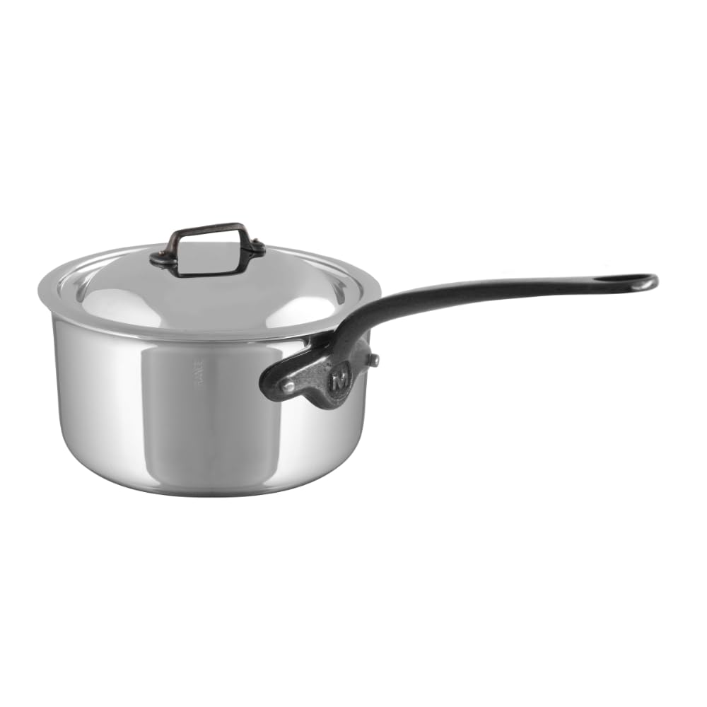 Mauviel M'Cook Ci 5-Ply Polished Stainless Steel Sauce Pan With Lid, And Cast Iron Handles, 3.4-Qt, Made In France