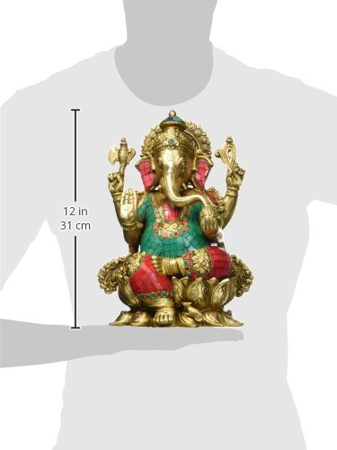 Aone India Rare God Ganesha Statue Sitting On Lotus- Hindu Lord Of Prosperity & Fortune Ganesh Figurine- Brass Metal With Turquo