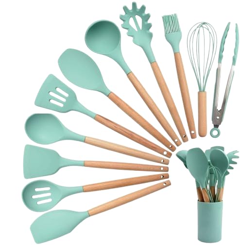 Simestich 12Piece Silicone Kitchen Utensil Set  NonStick Cooking & Baking Tools With Wooden Handles BpaFree, Heat Resistant,