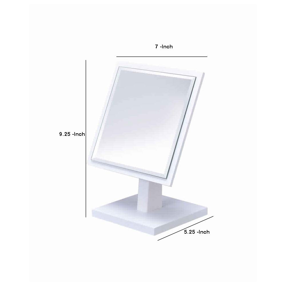 Benjara Square Makeup Mirror With Wooden Pedestal Base, White And Silver