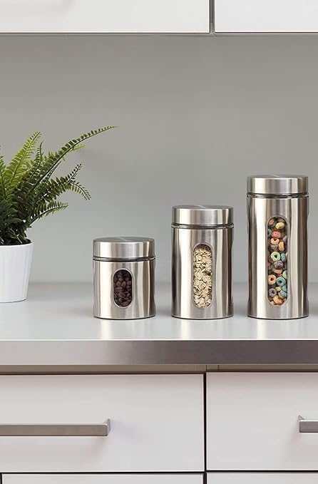 Rosefinch Set Of 3 Pcs Stainless Steel Plated Glass Kitchen Canister | Airtight Tea,Sugar,Coffee And Food Storage | Window Seaso