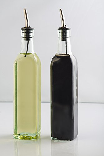 Tablecraft Oil Vinegar Set And Stainless Steel Pourers With Black Chrome Plated Rack, 16 Oz, Clear