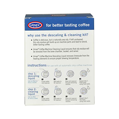 Urnex Coffee Maker Cleaner And Descaler Kit - 2 Single Use Bottles - Professional At Home Coffee Machine Cleaning And Descaling