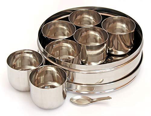 Stainless Steel Round Spices Box Kitchen Masala Dabba - Spice Container - Masala Dabba - 7 Compartments With Spoon (8 Inch)