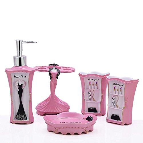 5 Piece Bathroom Accessories Set, Collection Bath Set Features Soap Dispenser, Toothbrush Holder, Tumbler, & Soap Dish (Pink)