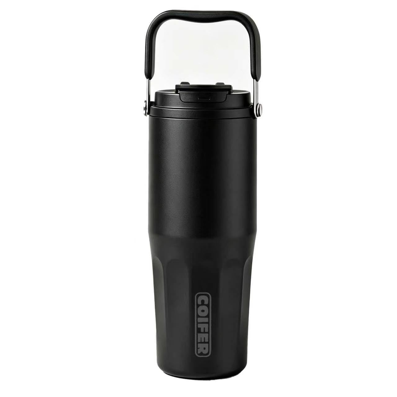 coifer 26oz Ceramic Lined Water Bottle with Straw Handle, Leakproof (BLACK)