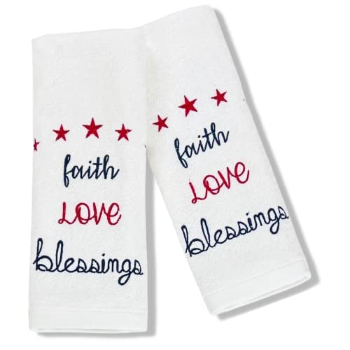 Summer Spring Soft Absorbent Home Decor Hand Towels: Faith, Love, Blessings Patriotic Americana Design, 2 Piece