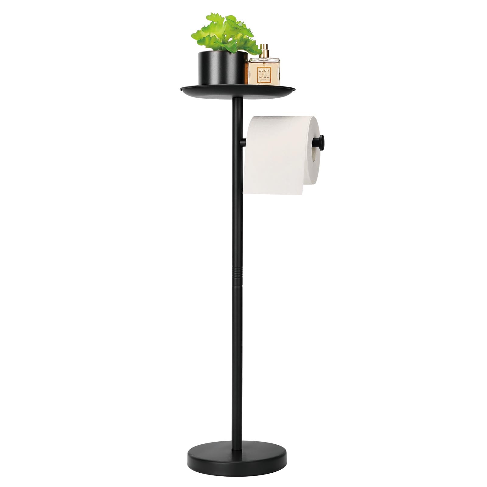 Toilet Paper Holder Stand with Shelf on Top, Black TP Roll Holder Floor Standing, Sturdy Base (Black)