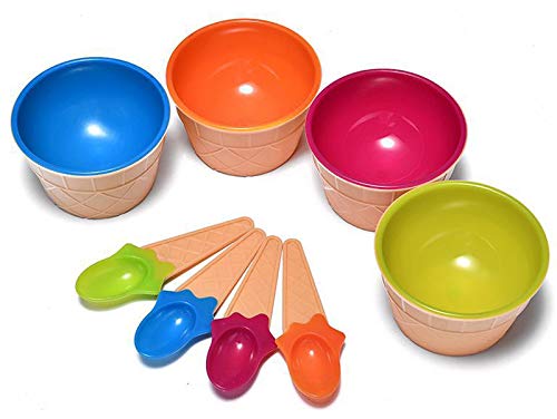 Dessert Bowls, 4 Pack Ice Cream Bowl Spoon Set,Frozen Yogurt Cups With Spoons Durable Plastic Candy Color Lovely Dessert Bowl Di