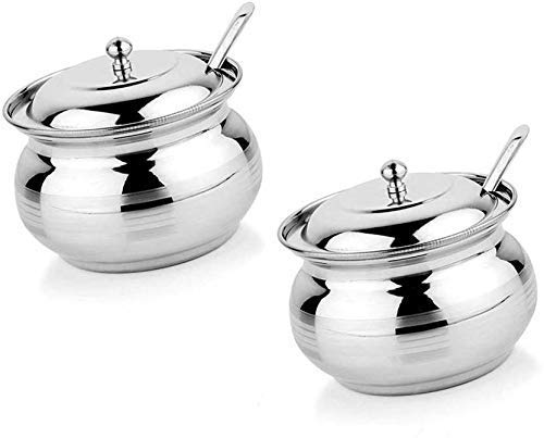 Ekin Stainless Steel Ghee Pot Set Of 2 (250 Ml) Stainless Steel Ghee Pot, Pickle Pot With Spoon 2 Pieces, Silver