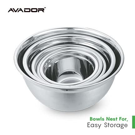 Avador Premium Stainless Steel Mixing Bowls, Set Of 5 Brushed Stainless Steel Mixing Bowl Set, Easy To Clean, Space Saving, Grea