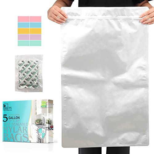 5 Gallon Mylar Bags With 2500Cc Oxygen Absorbers And Labels, Zipper Resealable Pouches Heat Sealable Bags For Long Term Food Sto