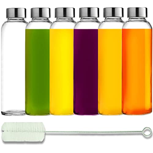 Brieftons Glass Water Bottles With Caps: Clear, 6 Pack, 18 Oz, Leakproof Lids, Premium Soda Lime, Best As Reusable Drinking Bott