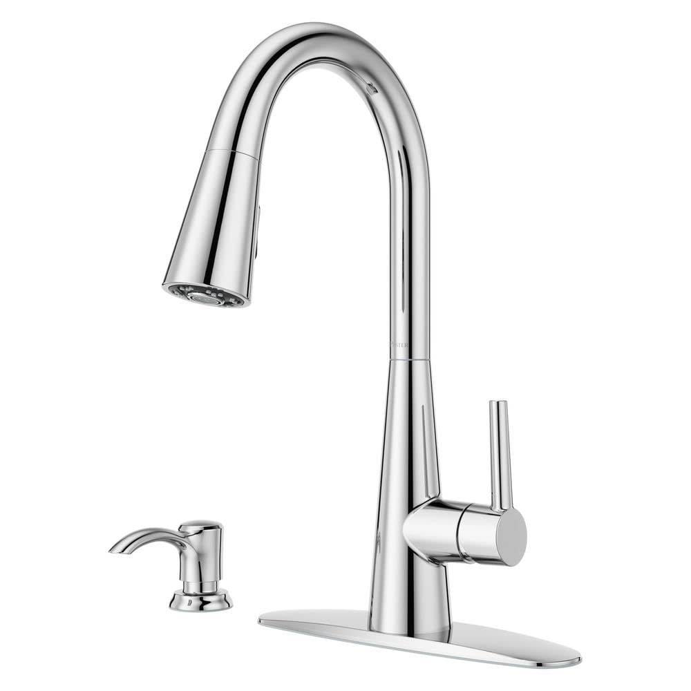 Pfister Barulli Kitchen Faucet With Pull Down Sprayer And Soap Dispenser, Single Handle, High Arc, Polished Chrome Finish, F5297