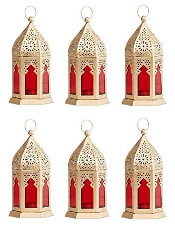 BWO Moroccan Hanging Lantern | Laltern Lamp with Tealight Candle Holder (Set of 6, Combo) (Gold RED Glass)
