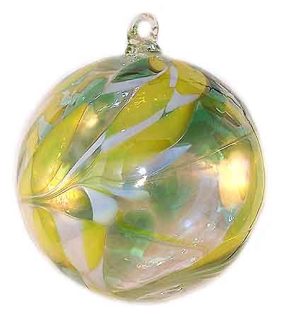 Friendship Ball Green/White/Yellow Twist 4 Inch Kugel Iridized Witch Ball by Iron Art Glass Designs