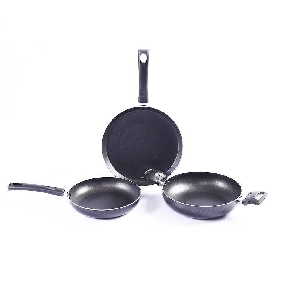 Wonderchef Valencia Non-Stick Cookware 3 Piece Set | Kadhai With Lid, Fry Pan, Dosa Tawa | Cool Touch Bakelite Handles | Pure Gr