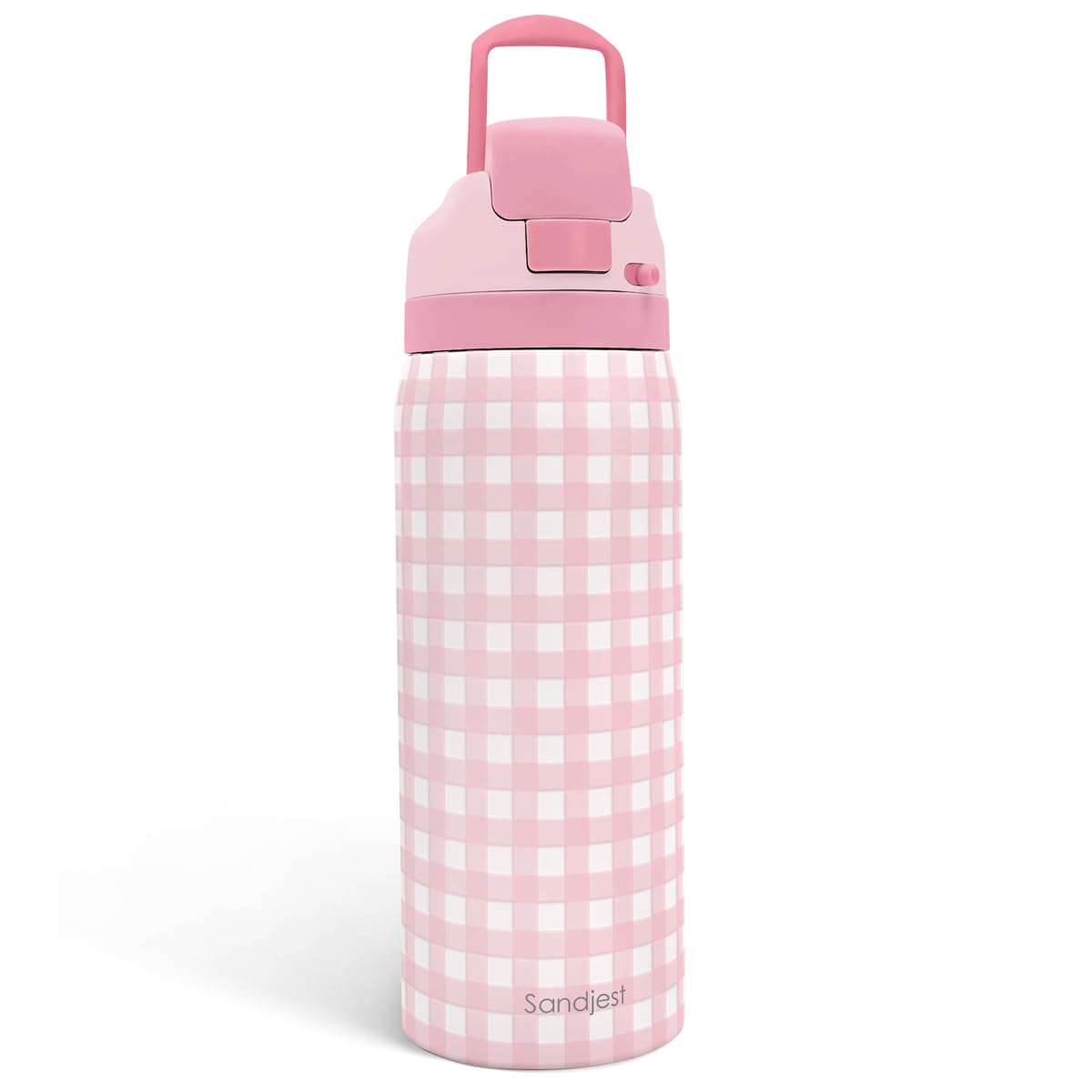 Gingham Pattern Insulated Stainless Steel Water Bottle with Straw, Push-Button Lid, 32 Ounce, Gifts for Women Girls Friends Teen