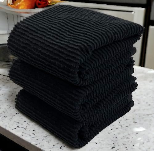 Serafina Home Oversized Solid Color Black Kitchen Dish Towels: 100% Cotton Cloth Soft Cleaning Drying Absorbent Ribbed Terry Loo