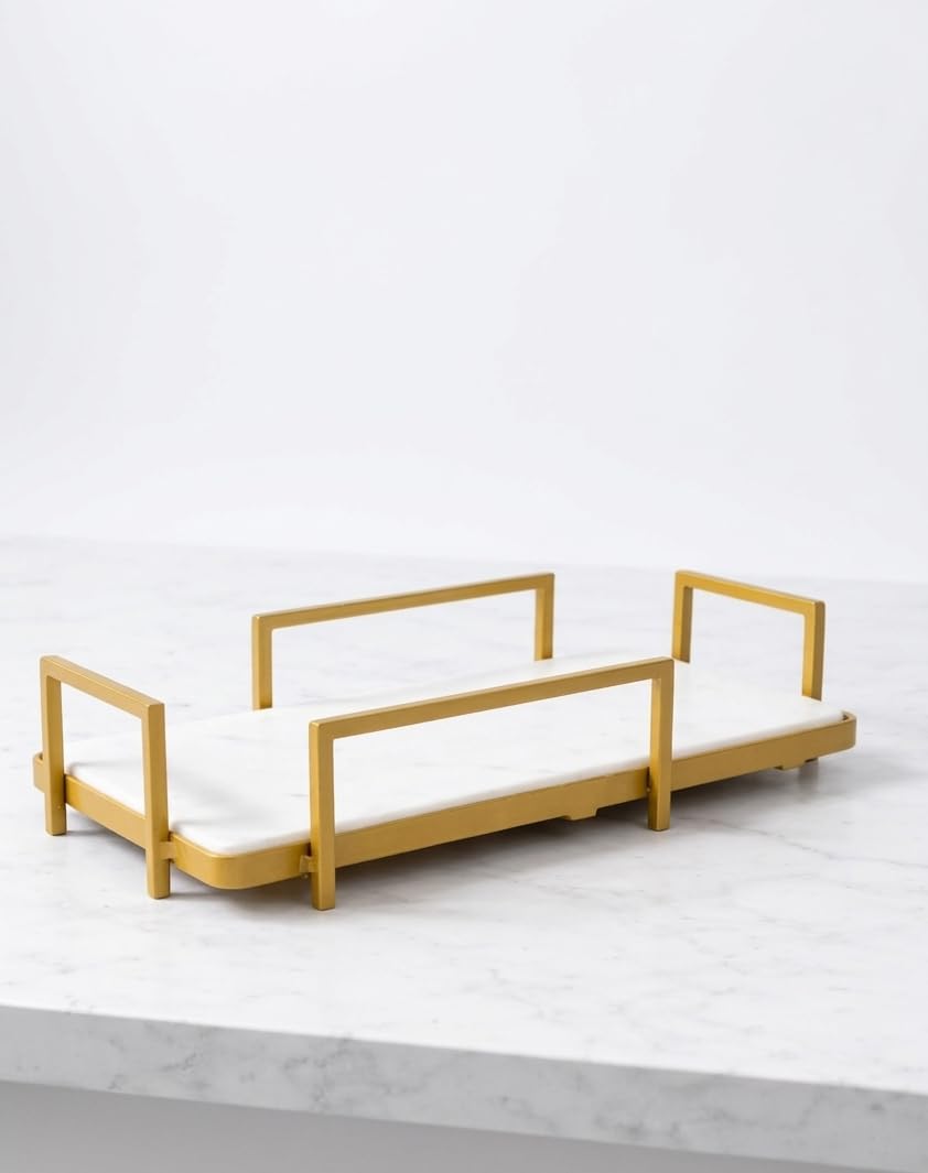 Rectangle White Marble Tray W/Gold Metal For Decor & Serving Also Use, Size (12L X 6W X 2.5H Inch) Made In India Mfr By Grd Intl