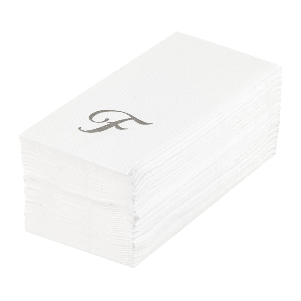 Luxenap 15.8 X 7.9 Inch Linen-Feel Guest Towels, 50 Lettered Hand Towels - Silver Letter 'F', Cursive Font, White Paper Dinner N